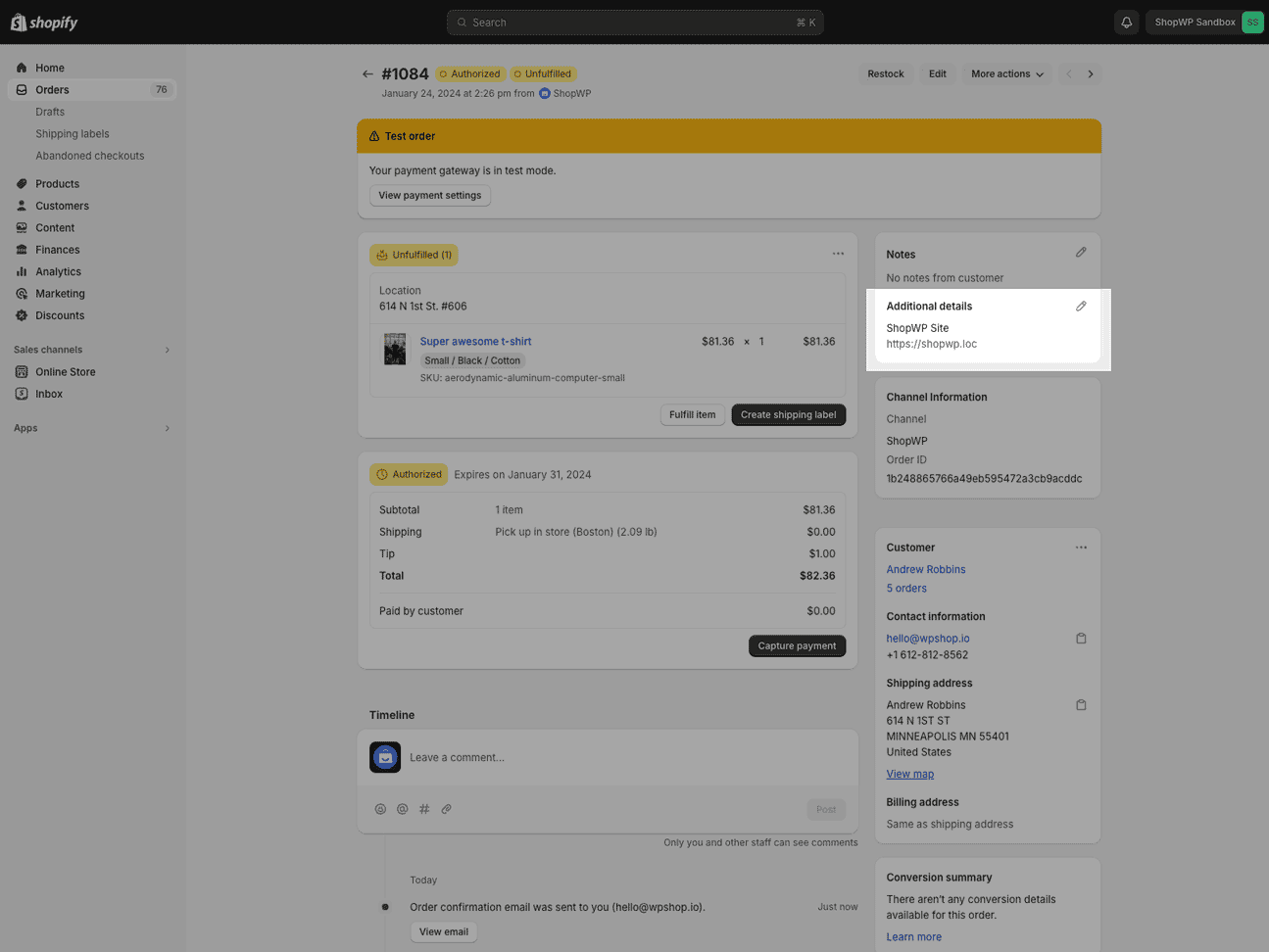 Custom domain attribute in Shopify screenshot