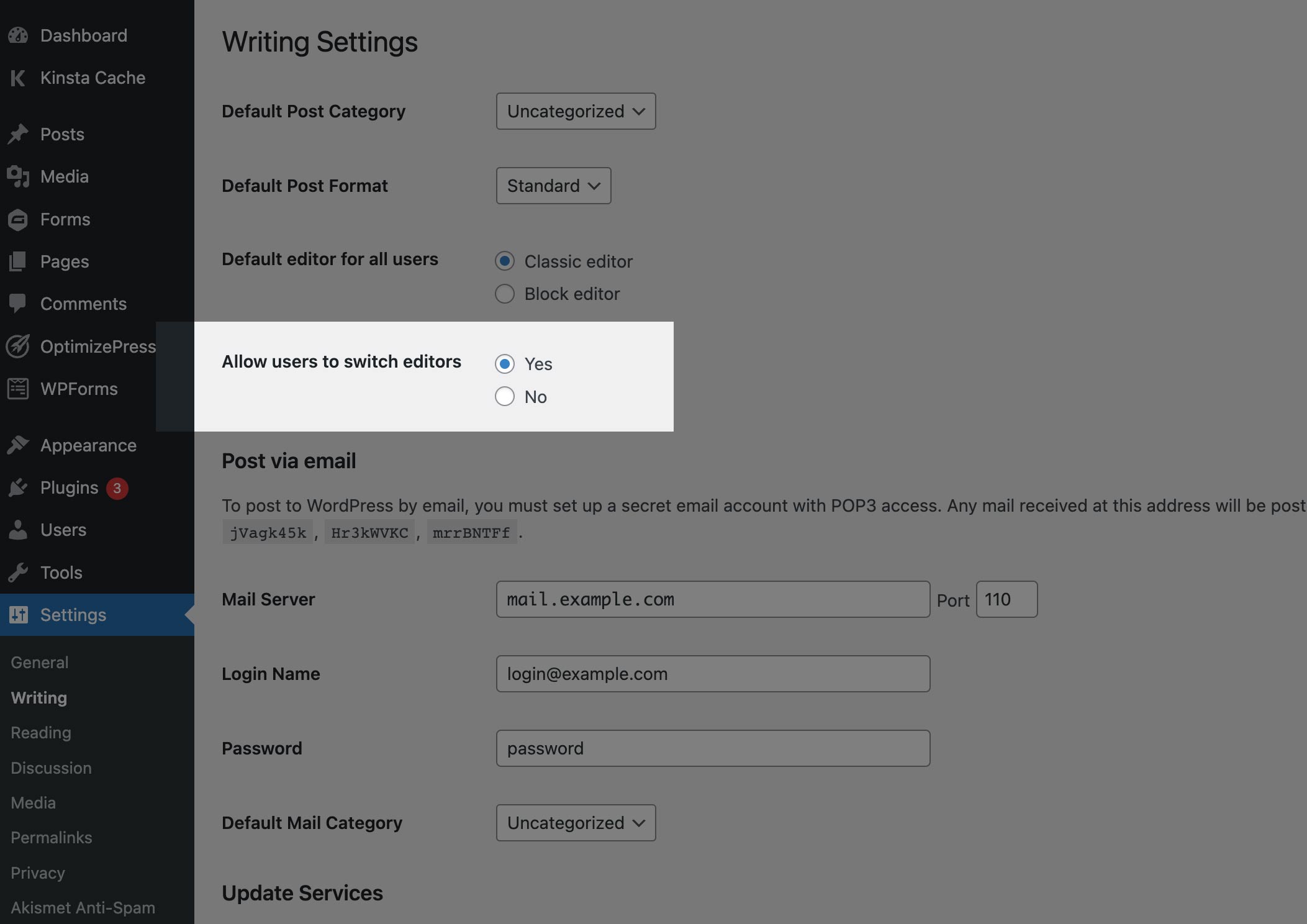 Classic editor settings page