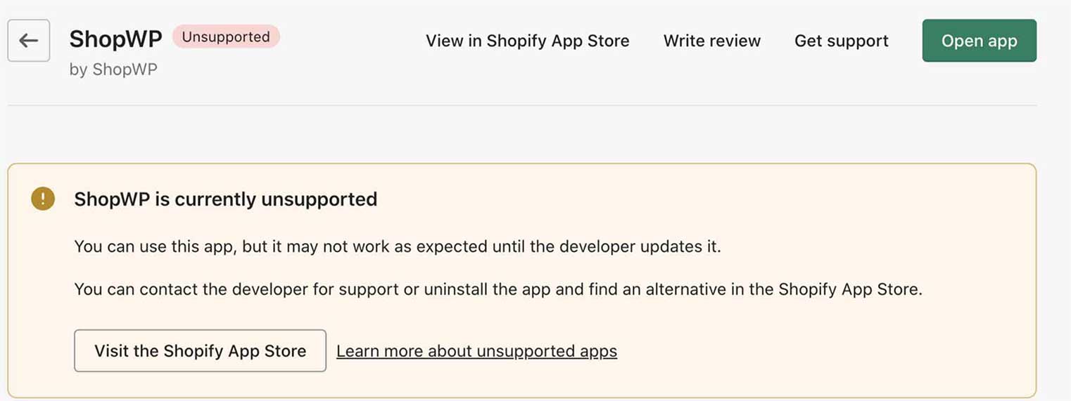 ShopWP not supported notice