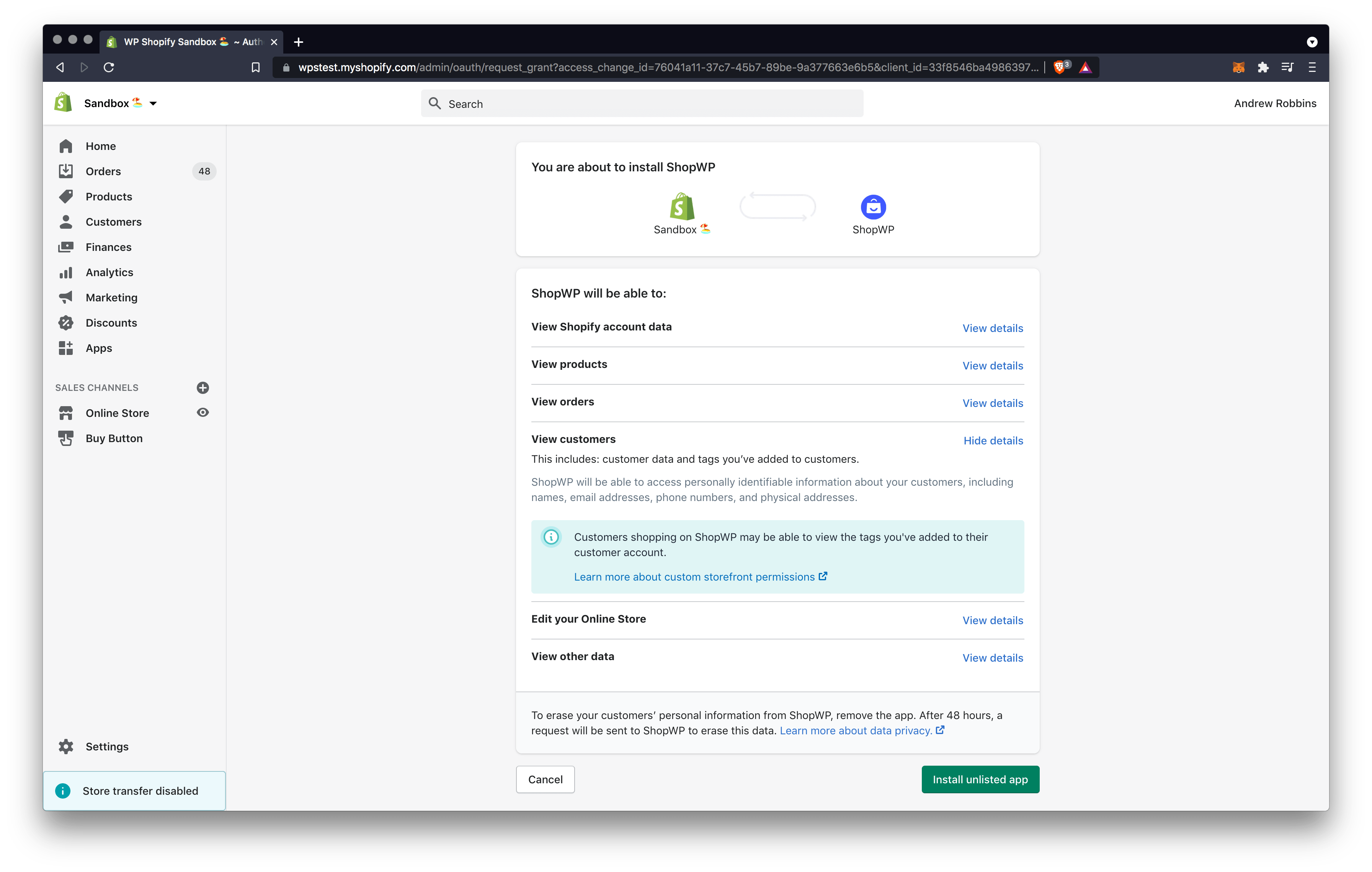 ShopWP Disconnect page