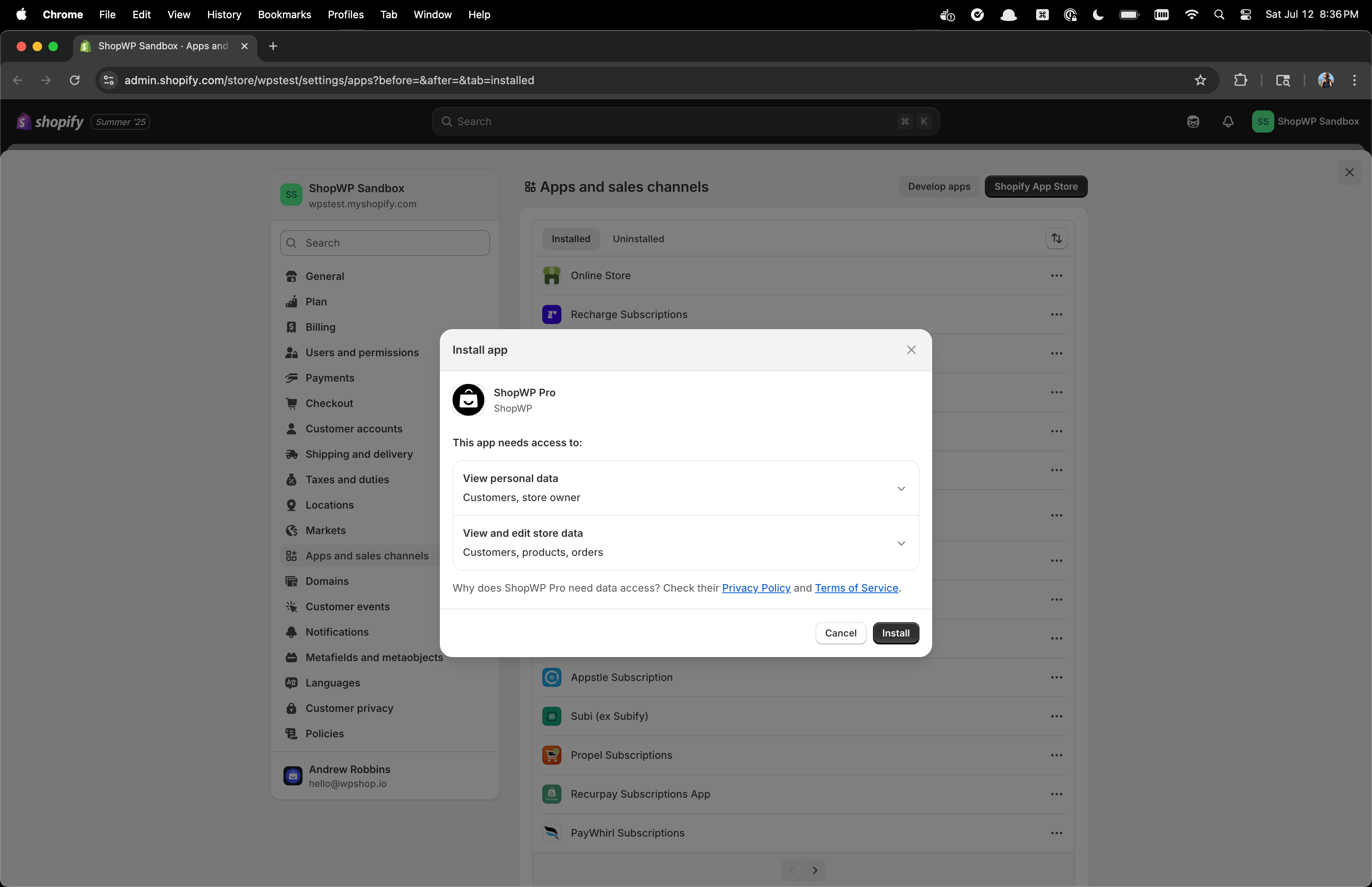 ShopWP Disconnect page