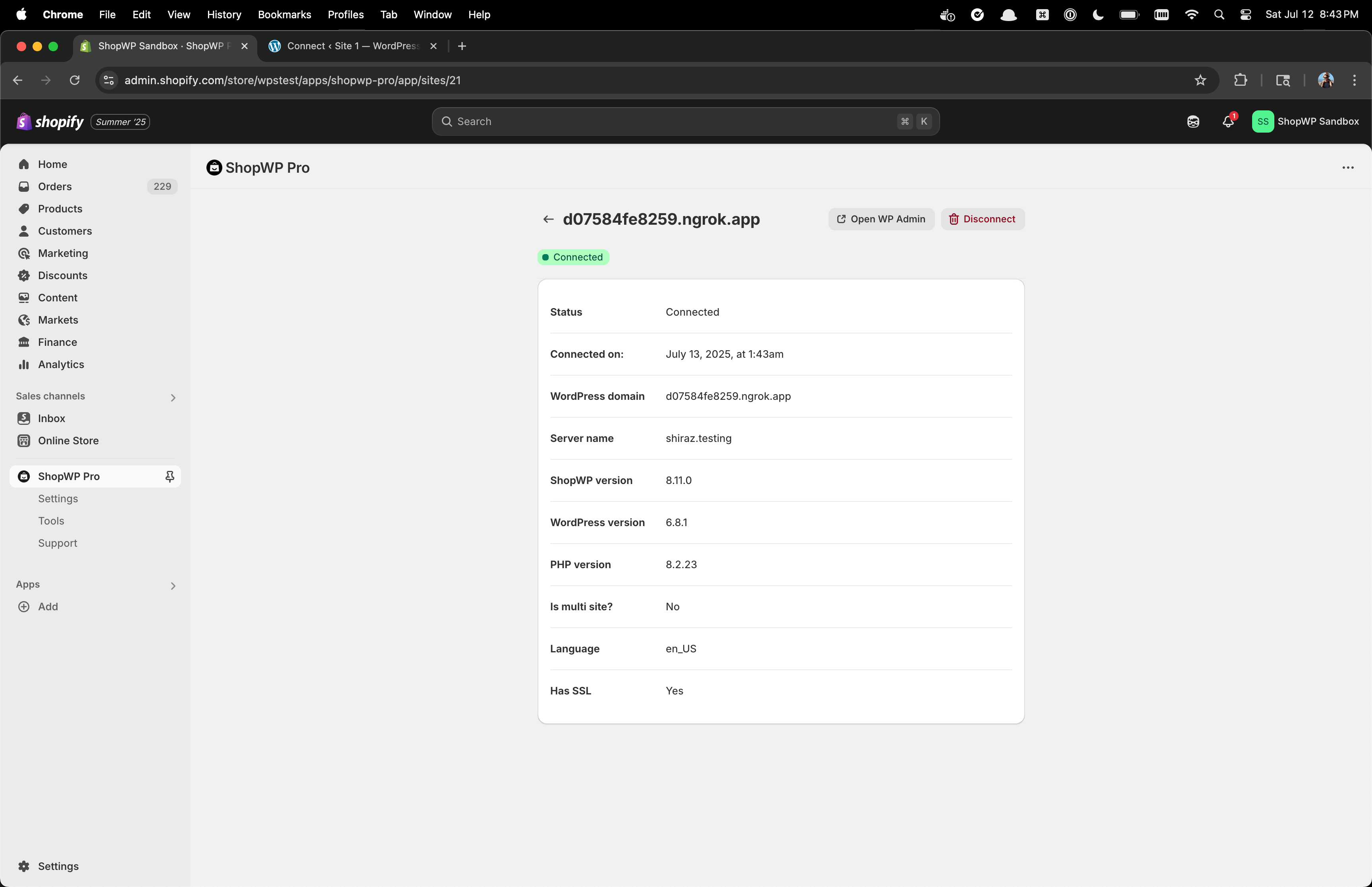 ShopWP Disconnect page