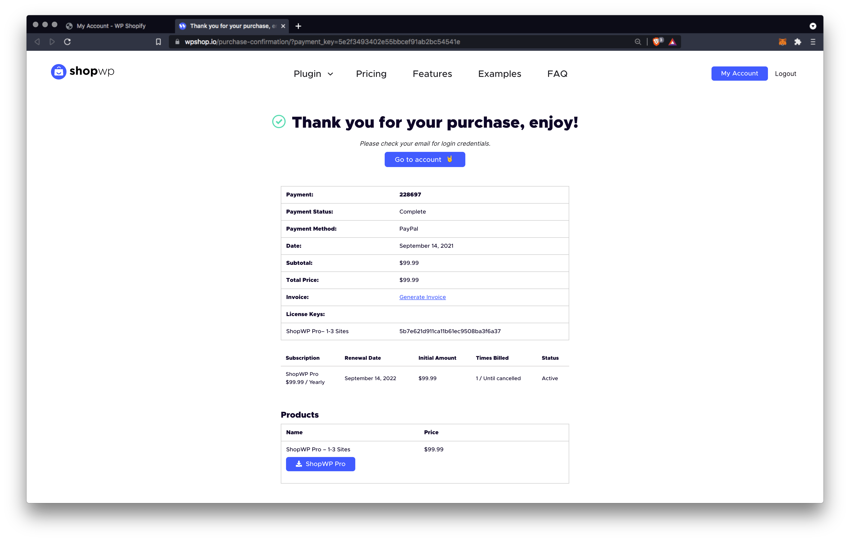 ShopWP Pro receipt