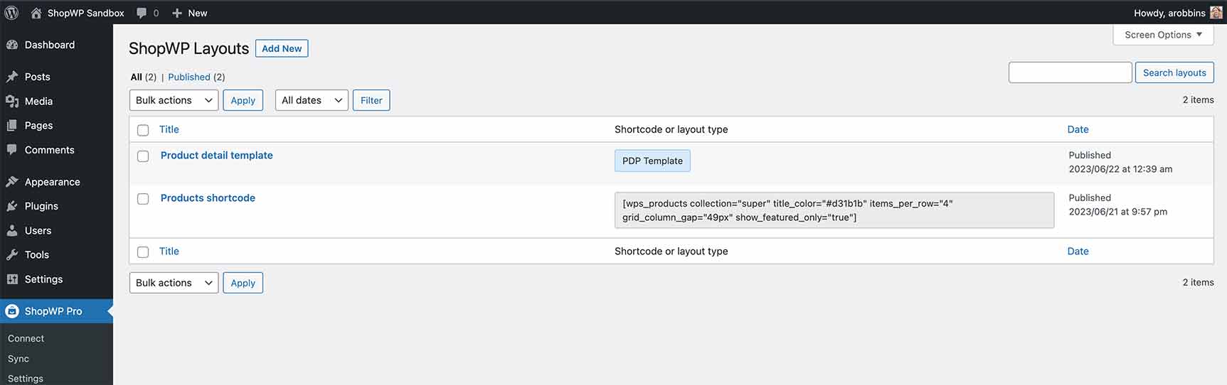 ShopWP Layout Builder listing the shortcodes